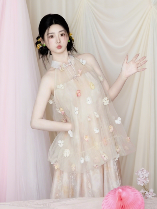 Chic Pearl Button Floral Appliques Feast Ceremonies Dress Tulle Overlay Halter Prom Dress AP0790