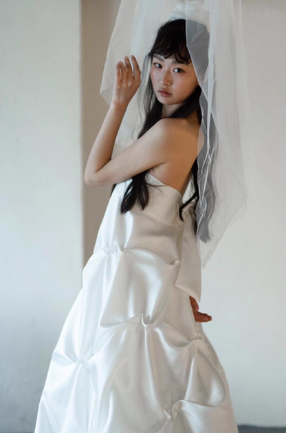 New Arrival Strapless Satin Fabric Maxi Dress Niche Ruched Ball Gown Prom Dress AP0791