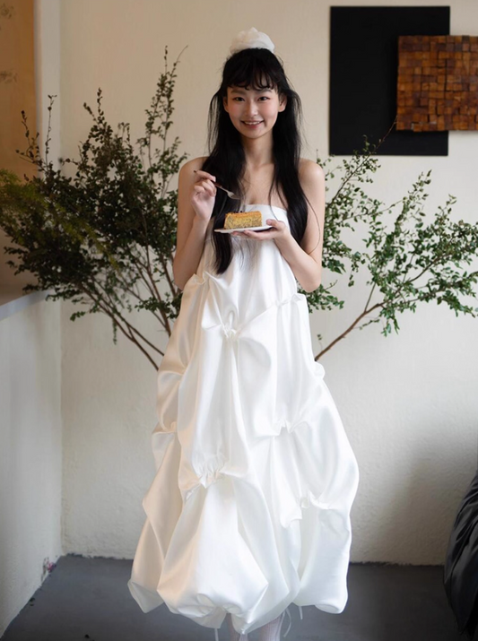 New Arrival Strapless Satin Fabric Maxi Dress Niche Ruched Ball Gown Prom Dress AP0791