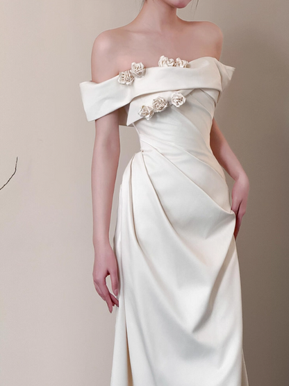 Vintage Off-Shoulder Stereo Floral Maxi Dress Classical Soft Fabric Flattering Prom Dress AP0794