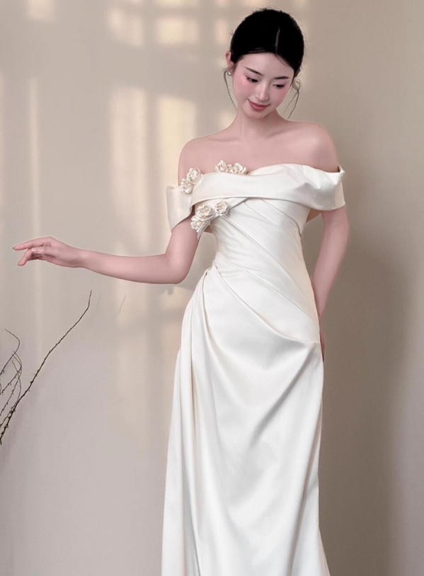 Vintage Off-Shoulder Stereo Floral Maxi Dress Classical Soft Fabric Flattering Prom Dress AP0794