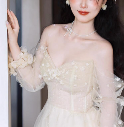 Dreamy Mesh Long Sleeve Off-Shoulder Maxi Dress Stereo Petal Tulle Overlay Beading Prom Dress AP0795