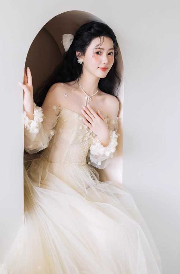 Dreamy Mesh Long Sleeve Off-Shoulder Maxi Dress Stereo Petal Tulle Overlay Beading Prom Dress AP0795