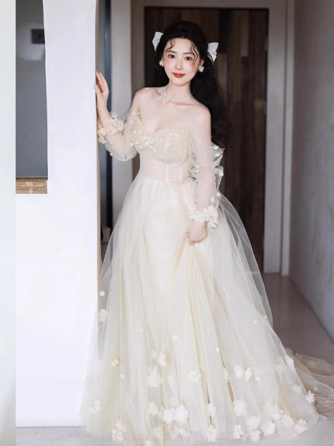 Dreamy Mesh Long Sleeve Off-Shoulder Maxi Dress Stereo Petal Tulle Overlay Beading Prom Dress AP0795