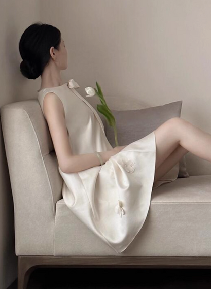 Classical Bow-Knot Satin Breathable Fabric Short Dress Chic Sleeveless Stereo Floral A-Line Homecoming Dress AP0796