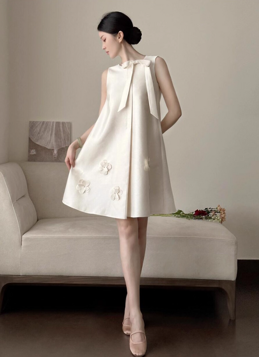 Classical Bow-Knot Satin Breathable Fabric Short Dress Chic Sleeveless Stereo Floral A-Line Homecoming Dress AP0796
