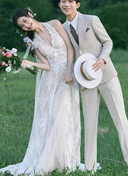 Chic Texture Lace Floral Maxi Dress Niche Applique Tulle Layered Halter Prom Dress AP0798