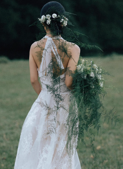 Chic Texture Lace Floral Maxi Dress Niche Applique Tulle Layered Halter Prom Dress AP0798