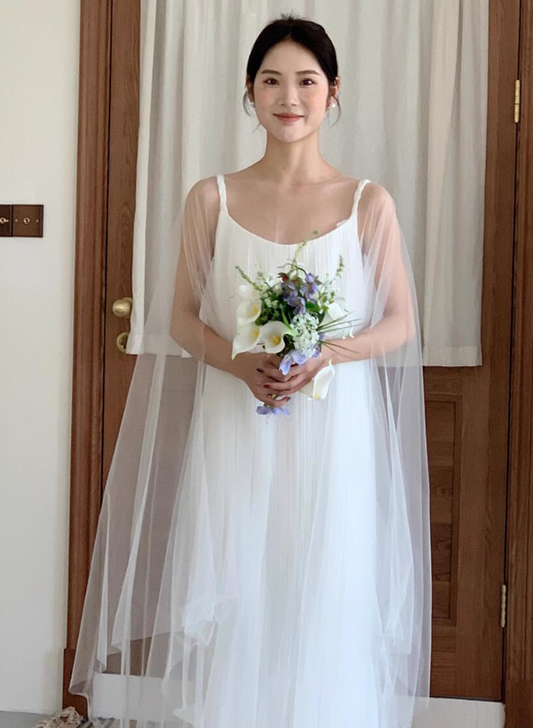 Ethereal Tulle Stole Hem Layered  Bridal Dress Niche Spaghetti Strap Wedding Dress AP0801
