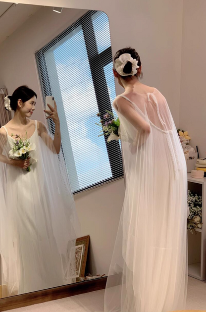 Ethereal Tulle Stole Hem Layered  Bridal Dress Niche Spaghetti Strap Wedding Dress AP0801