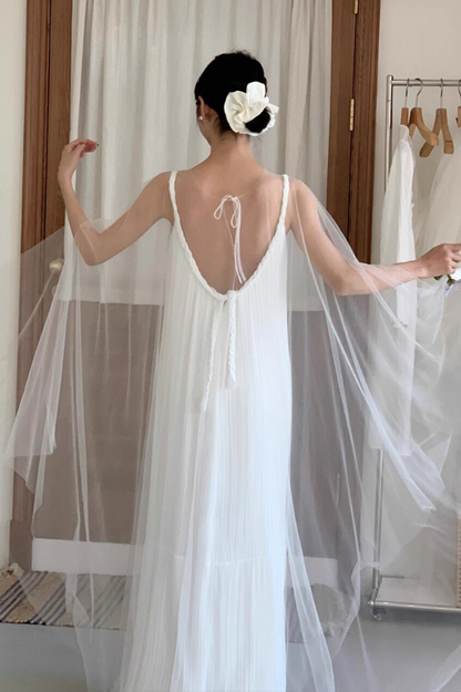 Ethereal Tulle Stole Hem Layered  Bridal Dress Niche Spaghetti Strap Wedding Dress AP0801