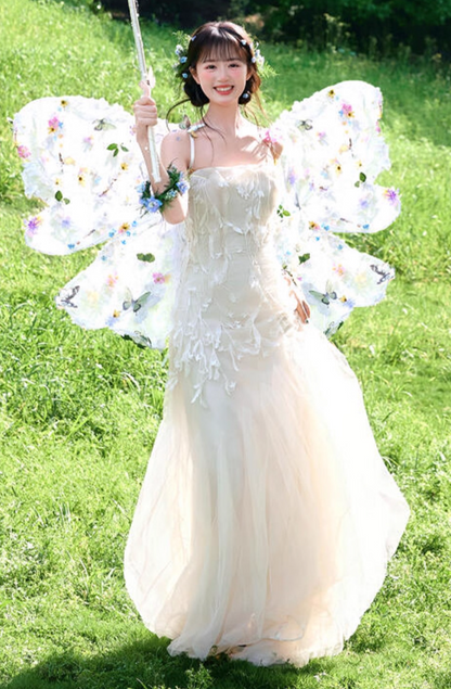 Charming Flowy Tulle Layered Hem Strapless Engagement Dress Stereo Applique Wedding Dress AP0802