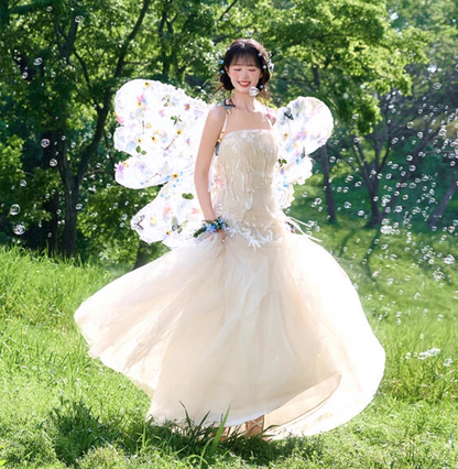 Charming Flowy Tulle Layered Hem Strapless Engagement Dress Stereo Applique Wedding Dress AP0802