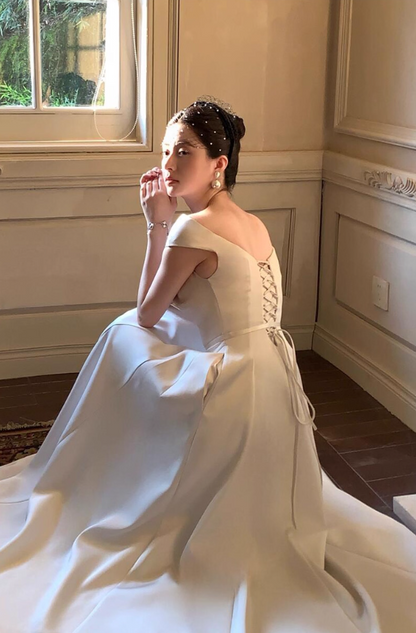 Graceful Portrait Neckline Tie-Back Maxi Dress Soft Fabric Flattering Prom Dress AP0803