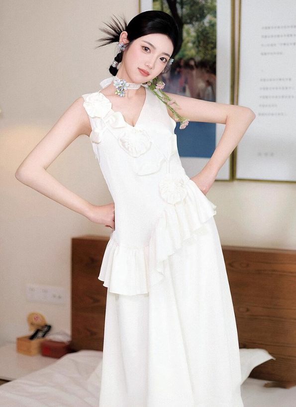 Retro Sleeveless Stereo Floral Maxi Dress Soft Fabric Ruffles Flowy Hem Prom Dress AP0804