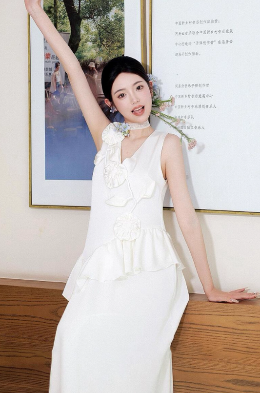 Retro Sleeveless Stereo Floral Maxi Dress Soft Fabric Ruffles Flowy Hem Prom Dress AP0804