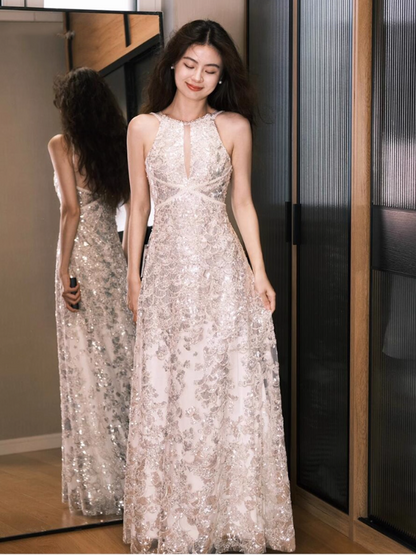 Glamorous Sequin & Lace Embellished Evening Dress Hollow-Out Sparkling Sequin Halter Prom Dress AP0805