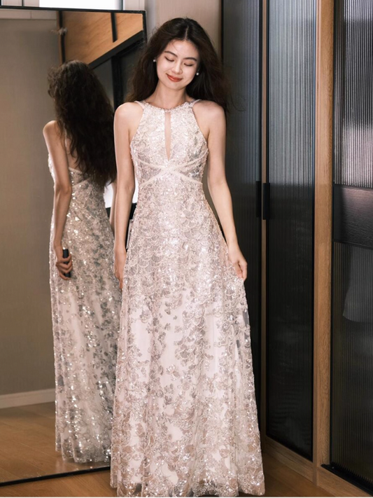 Glamorous Sequin & Lace Embellished Evening Dress Hollow-Out Sparkling Sequin Halter Prom Dress AP0805
