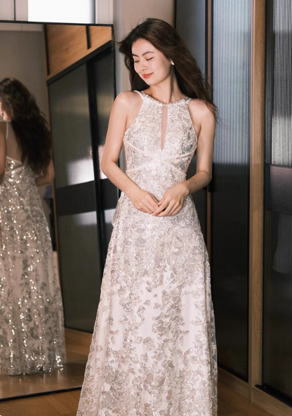 Glamorous Sequin & Lace Embellished Evening Dress Hollow-Out Sparkling Sequin Halter Prom Dress AP0805