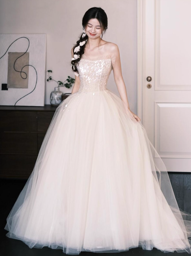 Gorgeous Lace Trimmed Strapless Maxi Dress Gown with Train Sparkly Sequin Mesh Layered Prom Dress AP0808