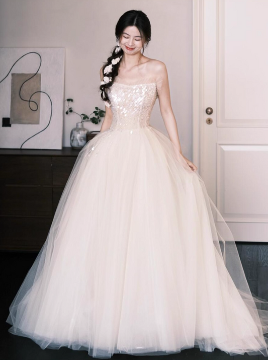 Gorgeous Lace Trimmed Strapless Maxi Dress Gown with Train Sparkly Sequin Mesh Layered Prom Dress AP0808