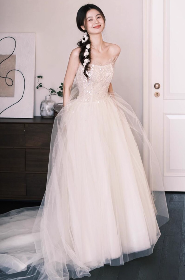 Gorgeous Lace Trimmed Strapless Maxi Dress Gown with Train Sparkly Sequin Mesh Layered Prom Dress AP0808