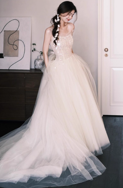 Gorgeous Lace Trimmed Strapless Maxi Dress Gown with Train Sparkly Sequin Mesh Layered Prom Dress AP0808