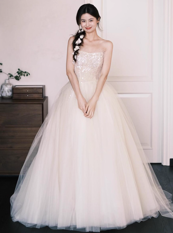 Gorgeous Lace Trimmed Strapless Maxi Dress Gown with Train Sparkly Sequin Mesh Layered Prom Dress AP0808