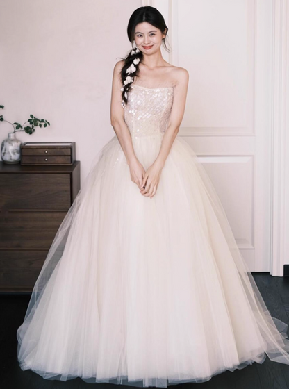 Gorgeous Lace Trimmed Strapless Maxi Dress Gown with Train Sparkly Sequin Mesh Layered Prom Dress AP0808