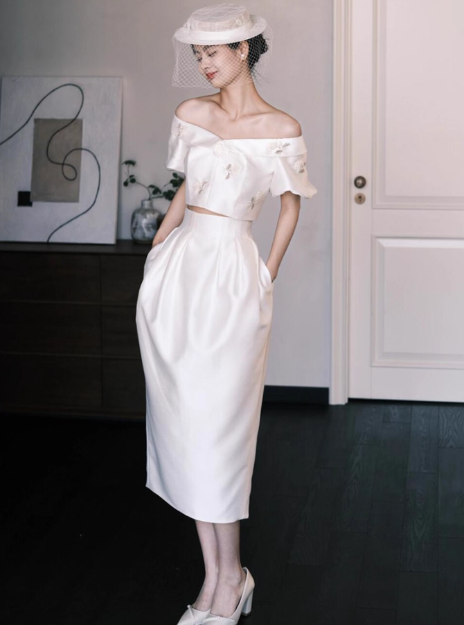 Ivory Satin Two-Piece Embroidered Floral Dress Off-Shoulder Crop Top and Midi Skirt Prom Dress AP0810
