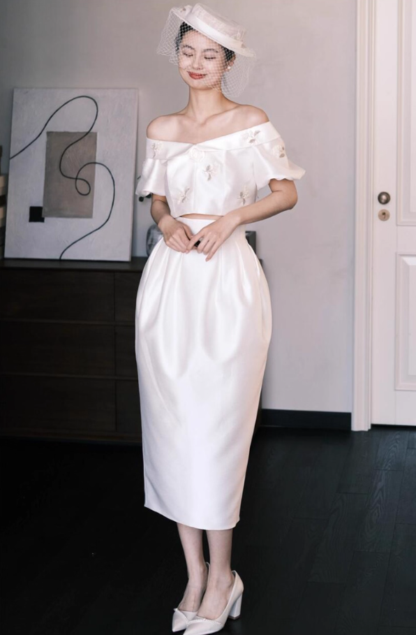 Ivory Satin Two-Piece Embroidered Floral Dress Off-Shoulder Crop Top and Midi Skirt Prom Dress AP0810