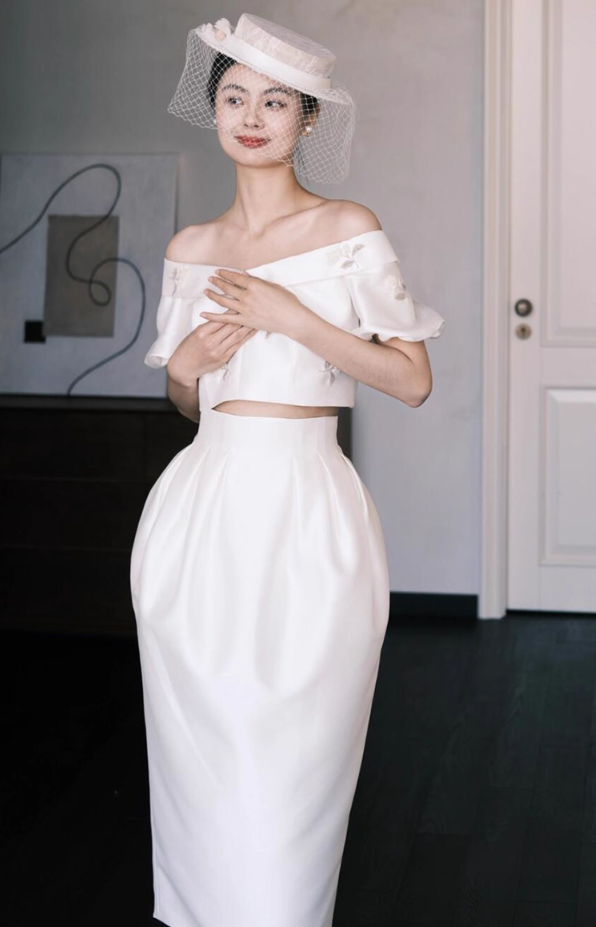 Ivory Satin Two-Piece Embroidered Floral Dress Off-Shoulder Crop Top and Midi Skirt Prom Dress AP0810