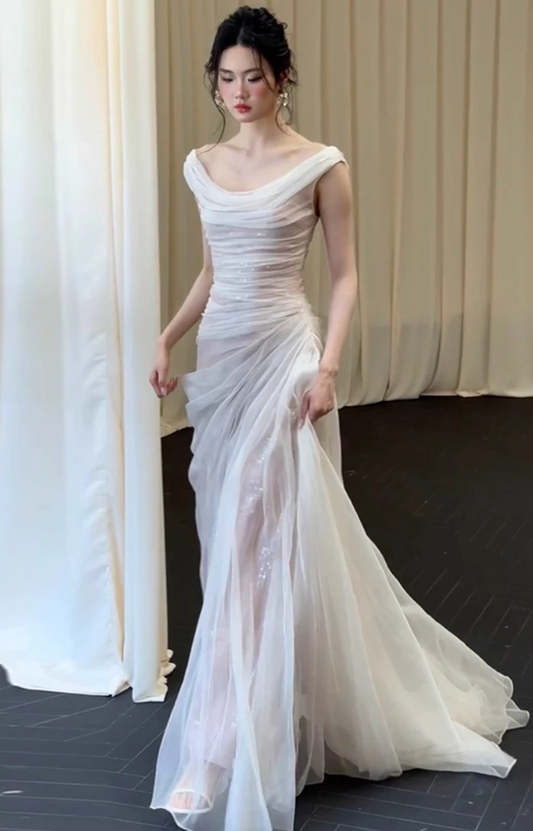 Gorgeous Off-Shoulder Beading Sheath Maxi Dress Tulle Cascade With Train Prom Dress AP0811