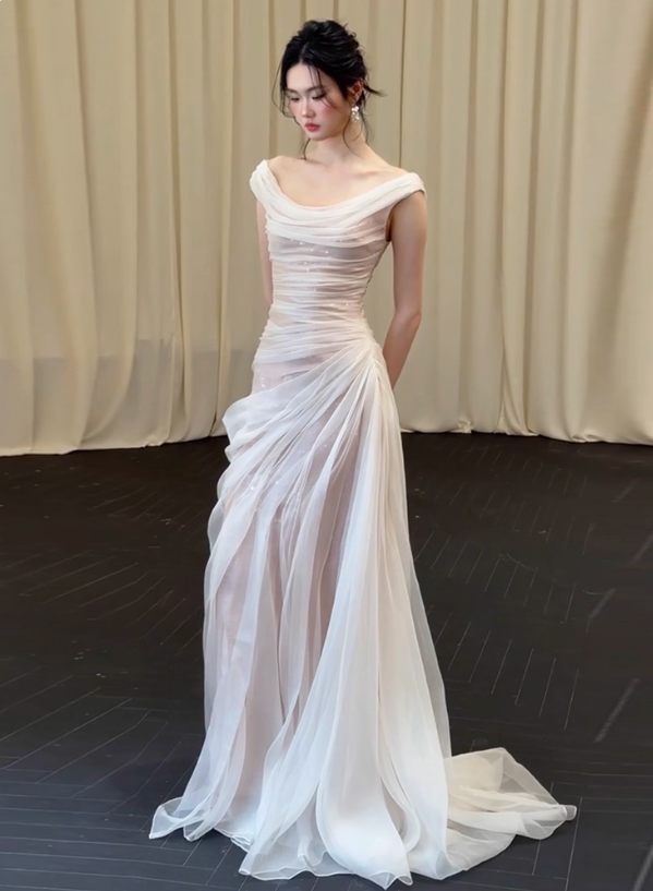 Gorgeous Off-Shoulder Beading Sheath Maxi Dress Tulle Cascade With Train Prom Dress AP0811