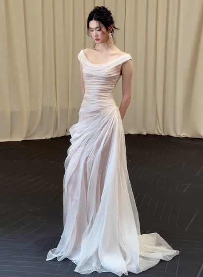 Gorgeous Off-Shoulder Beading Sheath Maxi Dress Tulle Cascade With Train Prom Dress AP0811