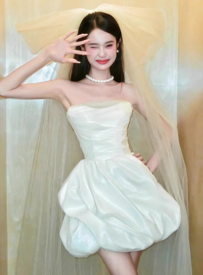 Luxurious Ivory Strapless Satin Mini Ball Gown Minimalist Cloud Bubble Homecoming Dress AP0813