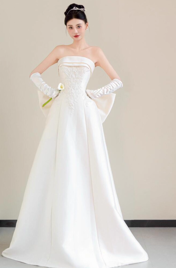 French Style Textured Applique Strapless Engagement Dress Backless Big Bow-Knot Wedding Dress AP0816