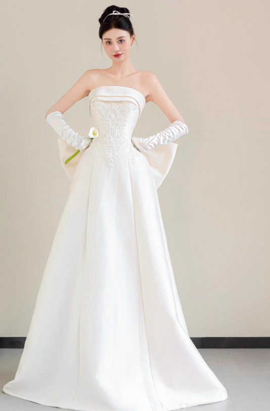 French Style Textured Applique Strapless Engagement Dress Backless Big Bow-Knot Wedding Dress AP0816