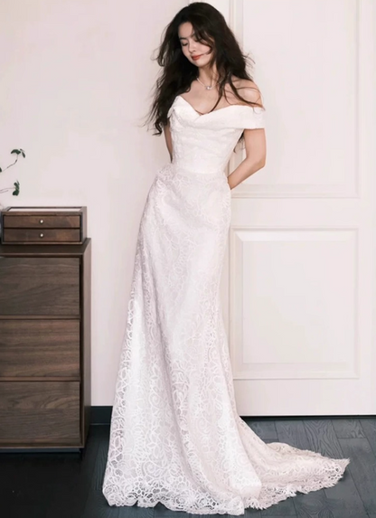 Classical Off-Shoulder Soft Fabric Maxi Dress Elegant Textured Flowers Tulle Overlay Prom Dress AP0817