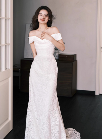 Classical Off-Shoulder Soft Fabric Maxi Dress Elegant Textured Flowers Tulle Overlay Prom Dress AP0817