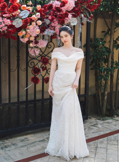 Classical Off-Shoulder Soft Fabric Maxi Dress Elegant Textured Flowers Tulle Overlay Prom Dress AP0817