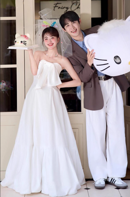 Charming Big Bow-Knot Strapless Engagement Dress Minimalist Smooth Fabric Wedding Dress AP0818