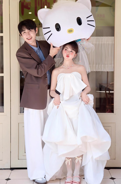 Charming Big Bow-Knot Strapless Engagement Dress Minimalist Smooth Fabric Wedding Dress AP0818