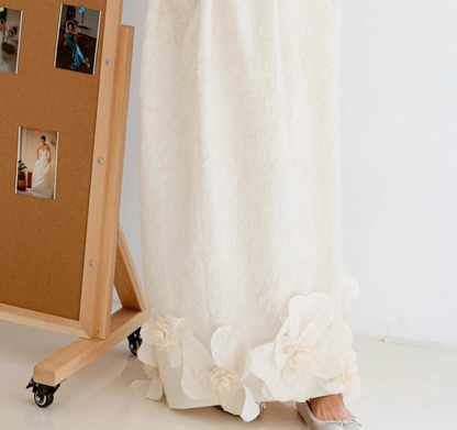 Retro Big Stereo Flowers Strapless Bridal Dress Minimalist Textured Fabric Wedding Dress AP0819