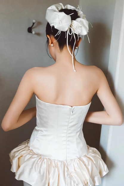 Novelty Ruffle Hem Peplum Maxi Dress Zipper Back Minimalist Satin Fabric Strapless Wedding Dress AP0820