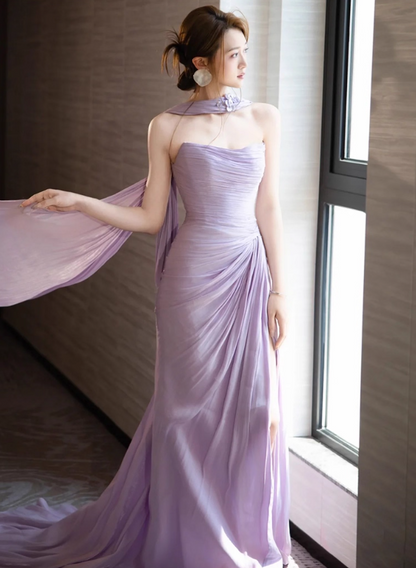 Charming Purple Soft Fabric High-Slit Maxi Dress With Train Draped Sheath Prom Dress AP0821