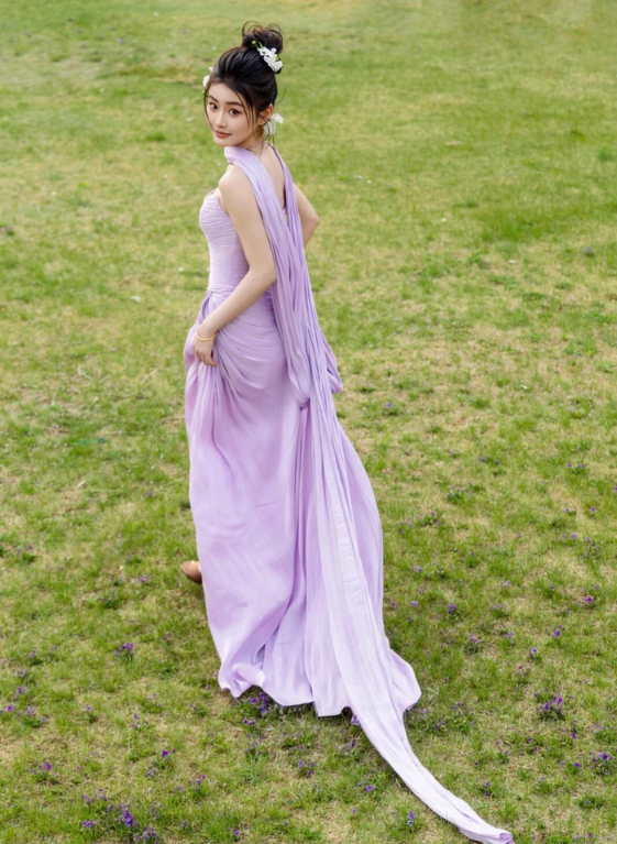 Charming Purple Soft Fabric High-Slit Maxi Dress With Train Draped Sheath Prom Dress AP0821