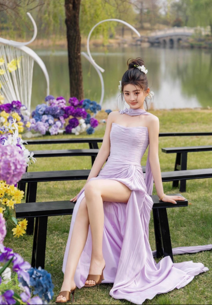 Charming Purple Soft Fabric High-Slit Maxi Dress With Train Draped Sheath Prom Dress AP0821