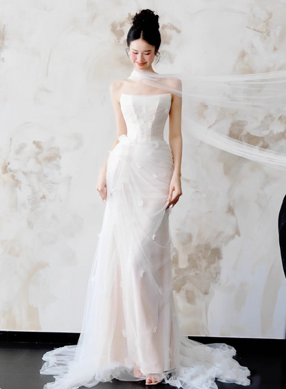 Gorgeous Applique Tulle Strapless Evening Maxi Dress Draped Mesh Overlay Prom Dress AP0822