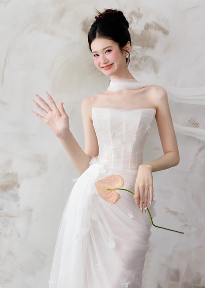 Gorgeous Applique Tulle Strapless Evening Maxi Dress Draped Mesh Overlay Prom Dress AP0822